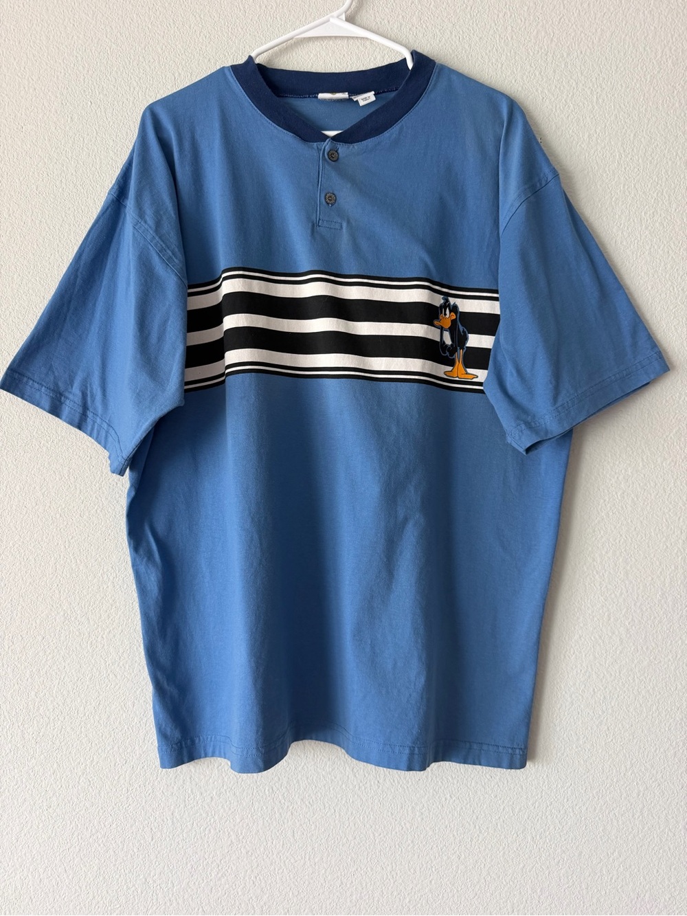 Vintage 1997 Looney Tunes Daffy Duck Henley Shirt Men L Blue Striped Warner Bros